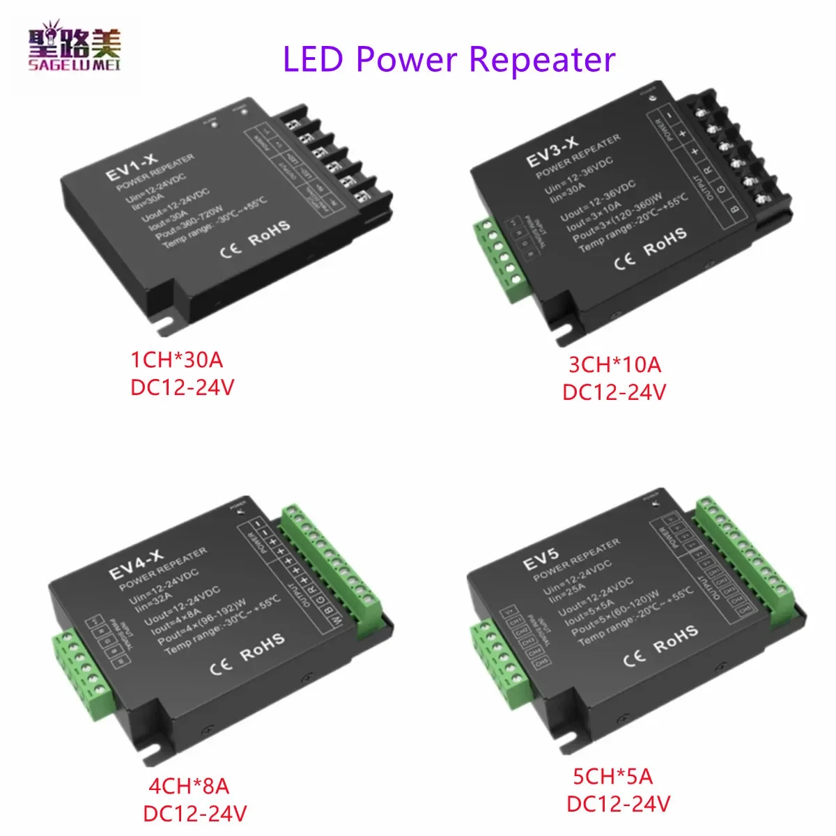 tensao constante de potencia pwm led repetidor unica e dupla cor rgb cct cv ev1 x 1ch 30a ev3 x 3ch 10a ev4 x 4ch 8a ev5 5ch 5a 01