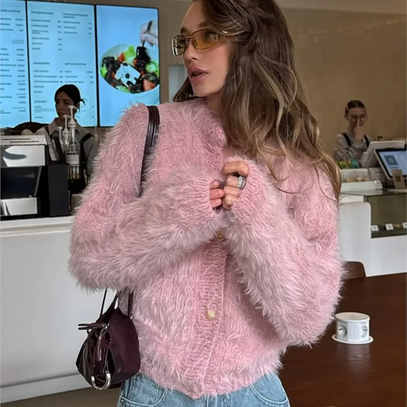 Women Faux Mink Cardigan Fuzzy Fluffy Round Neck Button Down Long Sleeve Short Cropped Loose Warm Fall Winter Knit Sweater Coat