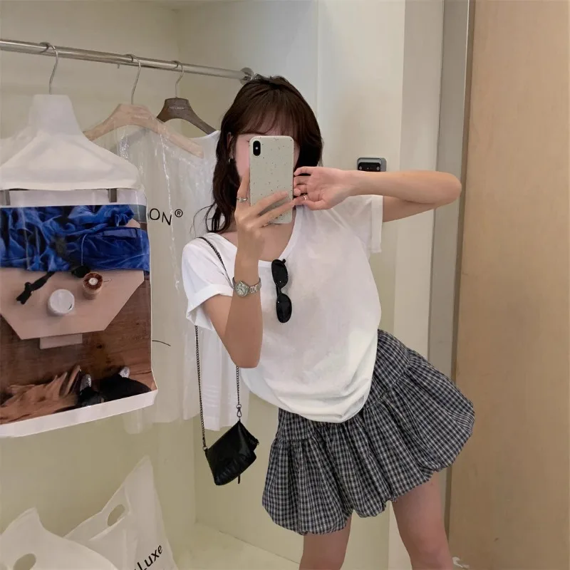2025 Korean Checked Bud Puffy Skirt Summer New High-waisted Skirt with Belt