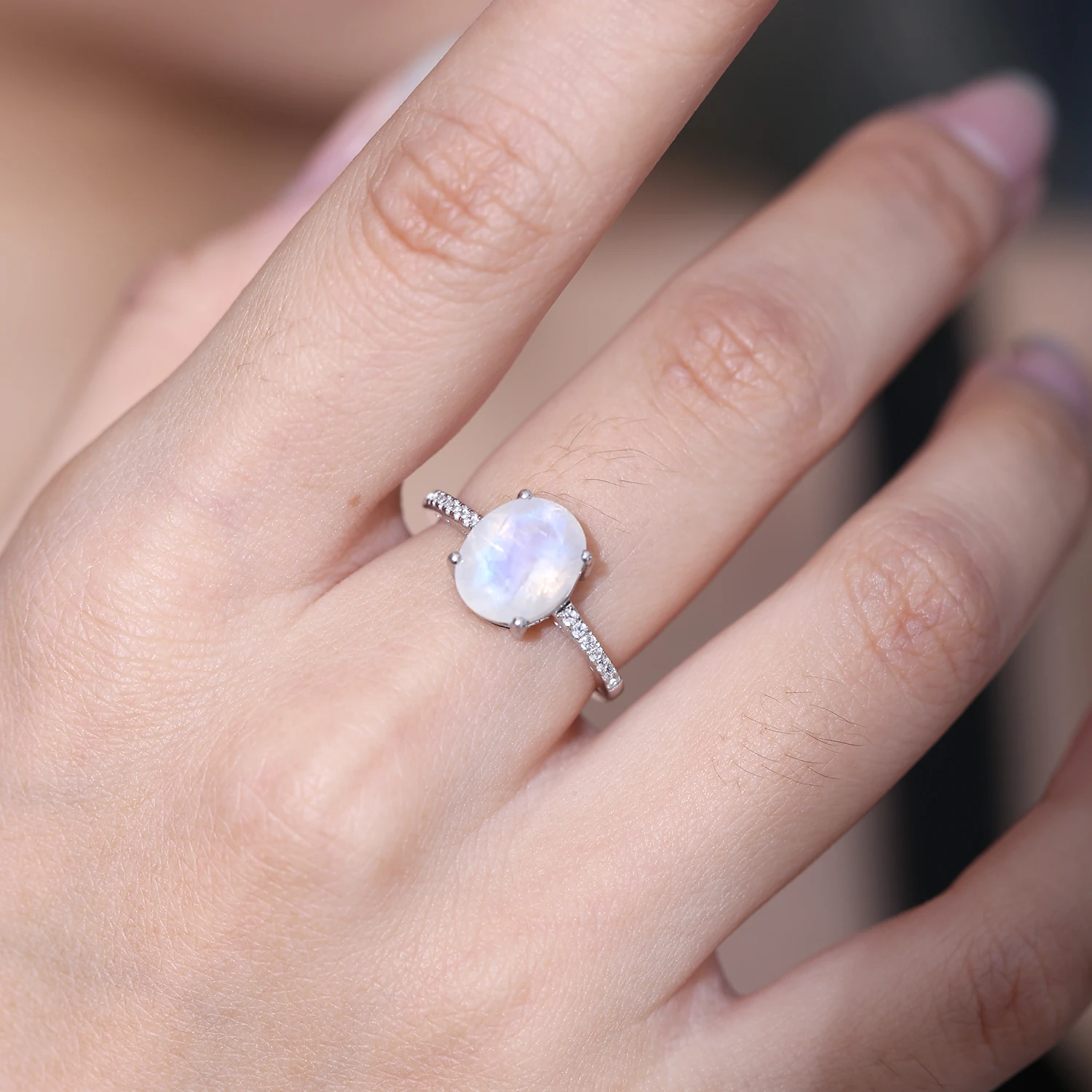 GEM'S BALLET 8X10mm Vintage Milky Blue Moonstone Engagement Ring Promise Bridal Ring in 925 Sterling Silver Gift For Her