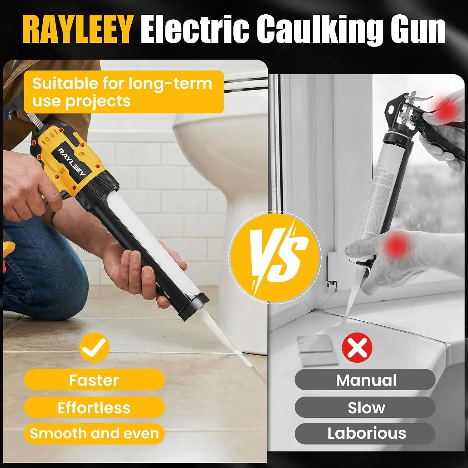 Electric Caulking Gun, Battery Powered Caulk Gun with 2 x 2000mAh Batteries, 9pcs Caulk Remover Tool, 6 Adjustable Speeds