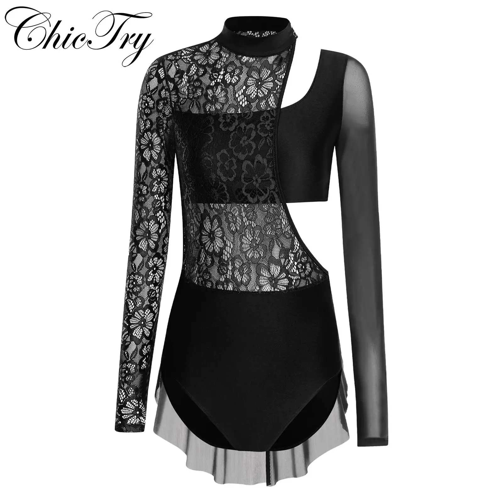 

Womens Ballet Leotard Floral Lace Patchwork Skirted Bodysuit Stage Dancewear Mock Neck Long Sleeve Cutout Irregular Unitard