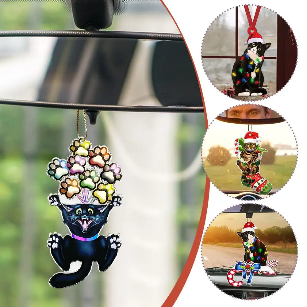 Charming Black Cat Christmas Ornament 2D Acrylic Hanging Decor for Tree Car Mirror Keychain Kid Xmas Gift Holiday Party Sup D1X8