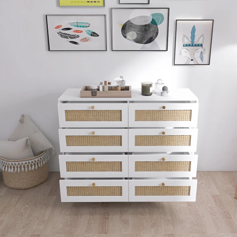 White Color 8 Drawers Chest of Drawers with Rattan Drawer Face Golden Legs and Handles