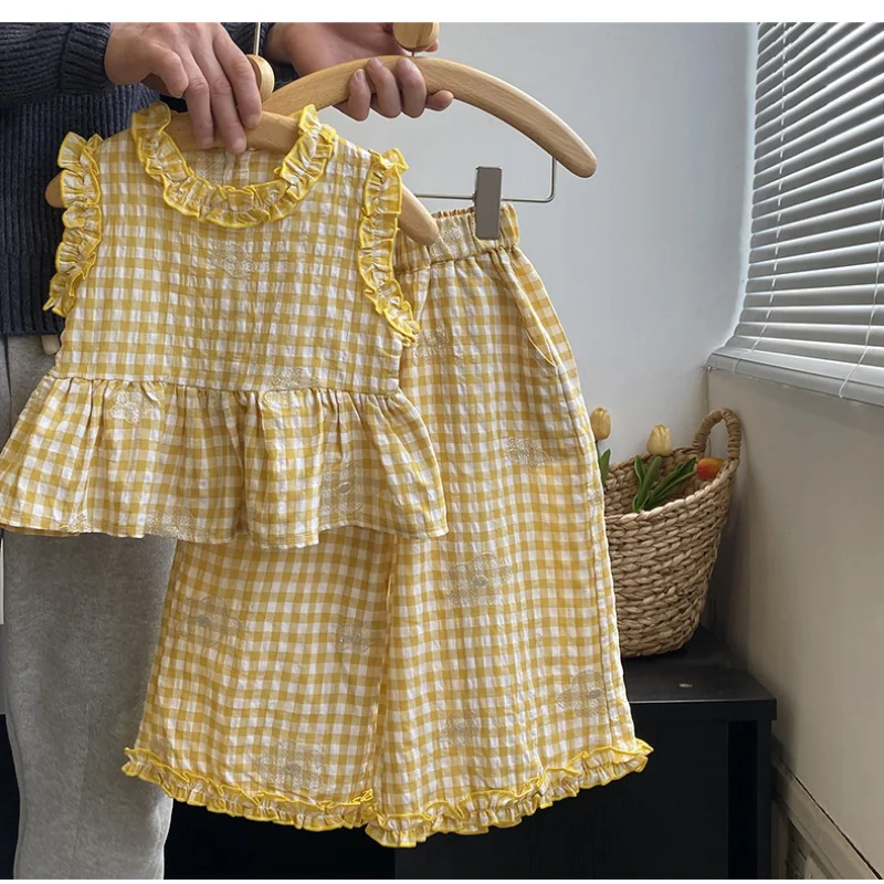 

Childrens Sets Girls Lattice Summer New Korean Short Sleeved Holiday Style Baby Two Piece 2024 Round Collar Simple Sweet