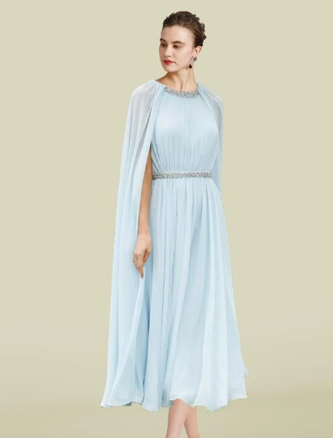 

Sky Blue Mother of the Bride Dress With Cap Jewel Tea Length Chiffon Pleats Beads A-line Wedding Guest Party Gowns 2023