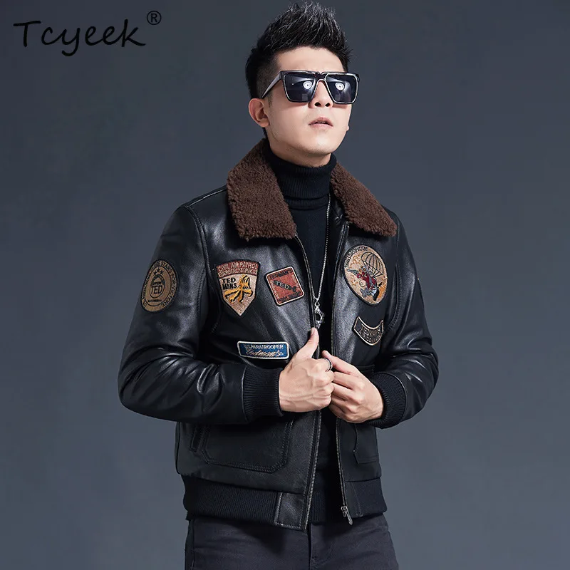 Tcyeek Real Leather Jacket Men Lamb Wool Collar Autumn Winter Clothes Embroidery 100% Cowhide Coat Men Trendy Jaqueta De Couro