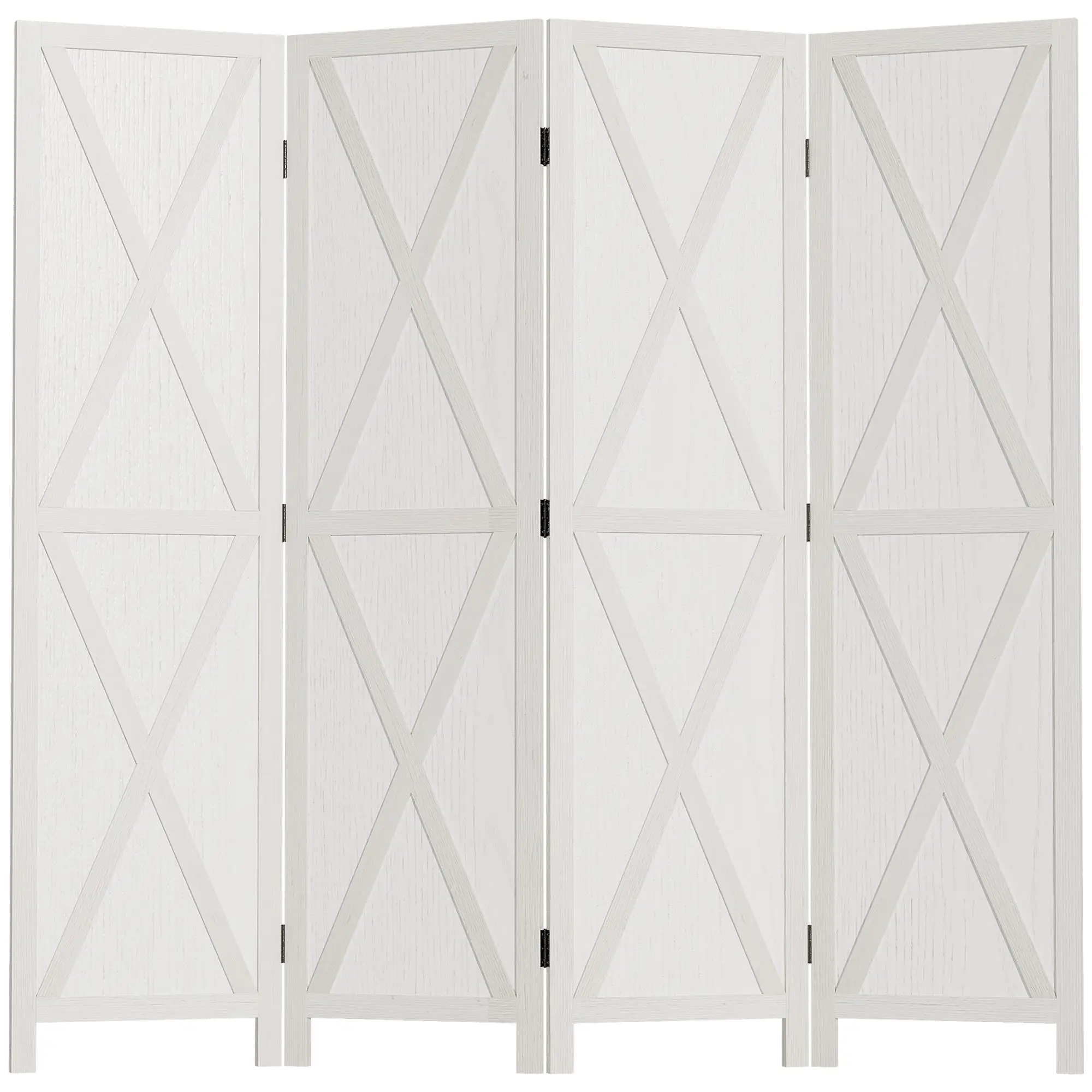Paravent de style campagnard chic à 4 panneaux en blanc, en bois de Paulownia, 182x170 cm, pliable