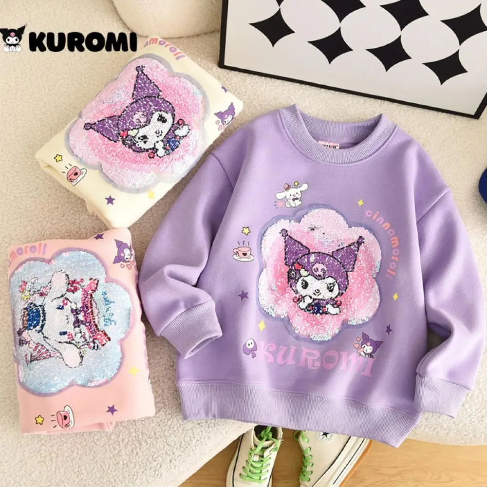 Kawaii New Sanrio Autumn Children Long Sleeve Kuromi Sequin Change Face Cinnamoroll Casual Sweatshirt Cartoon Kids Sweatshirt