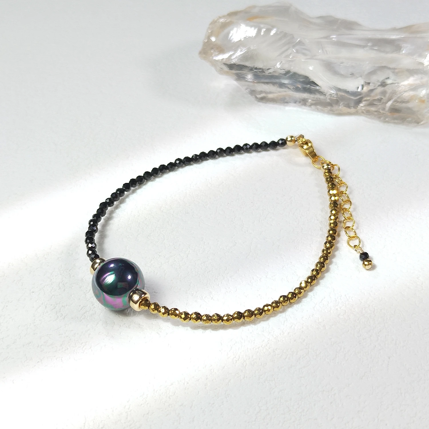 

Lii Ji Natural Stone Black Spinel Hematite With Shell Pearl American 14K Gold Filled Bracelet