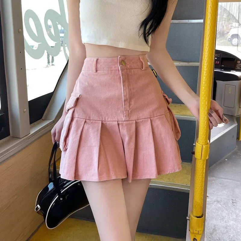 Pink Cargo Denim Skirt Women Korean Fashion High Waisted Big Pockets Mini Skirts De Mujer College Style Wild Pleated Skirt Z614