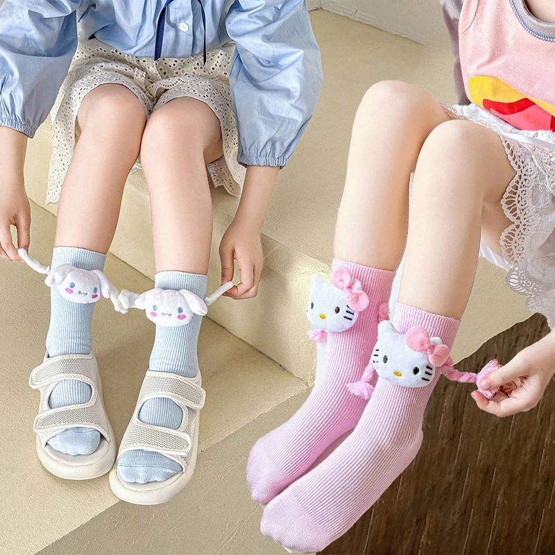 Hello Kitty Anime Sanrio Kuromi Cinnamoroll Socks Children's Girl Cartoon Kawaii Hand In Hand Funny Mid-Tube Trendy Student Sock