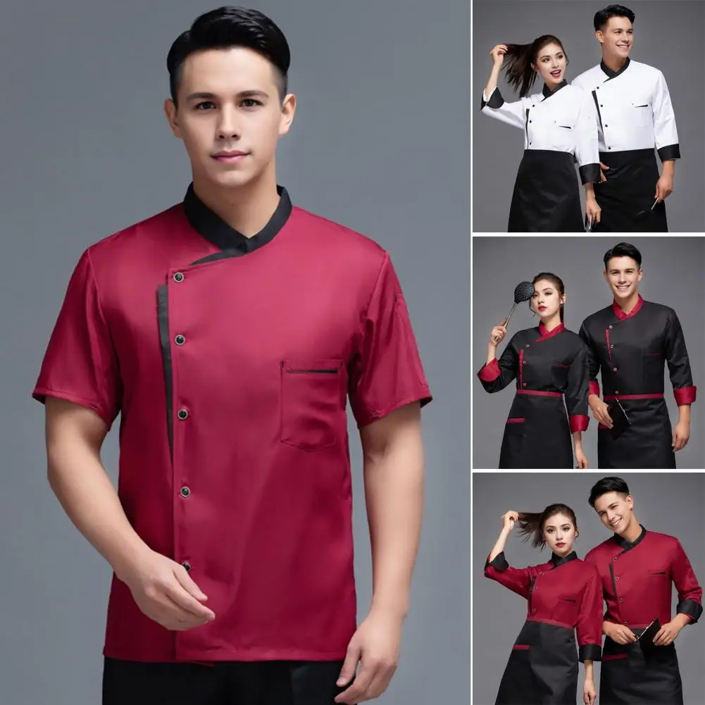 Unisex Chef Shirt Single-breasted Short Sleeve Stand Collar Loose Kitchen Bakery Restaurant Canteen Waiter Top Cook Uniforms