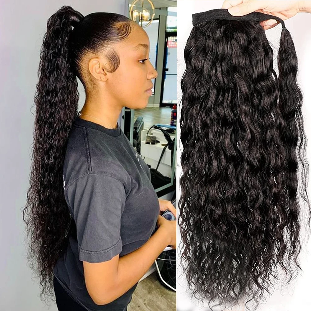 Human Hair Water Wave Ponytail Extension Magic Paste Straight Body Wavy Remy Hair Ponytails Natural Black 1B For Women