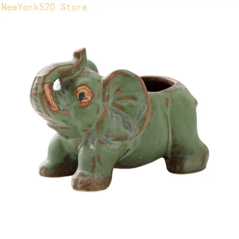 Small Elephant Flower Pot With Bottom Hole Indoor/Outdoor Ceramic Animal Planter Home Desktop Decoration N84C
