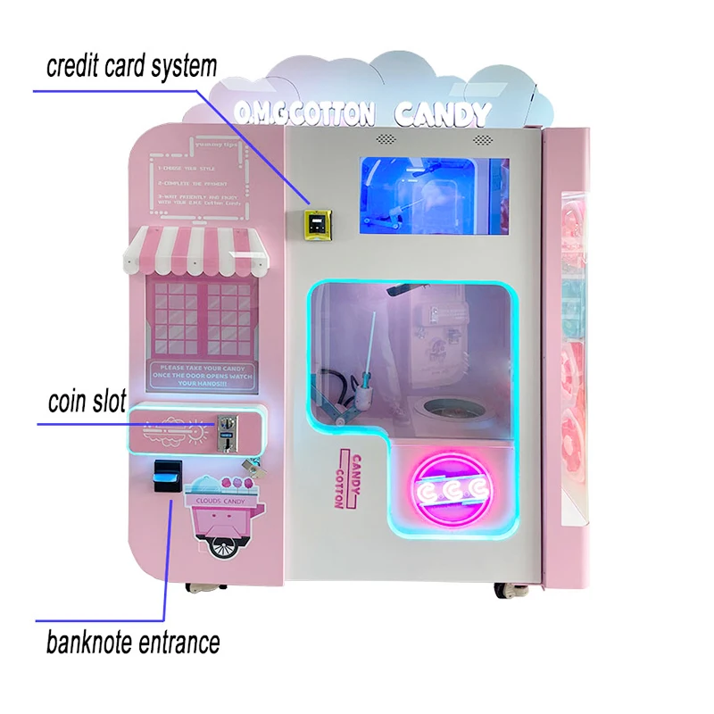 2023 New Style Full Automatic Commercial Cotton Candy Fairy Floss Vending Making Machine Coin Bill Credit Card Acceptor Vendings