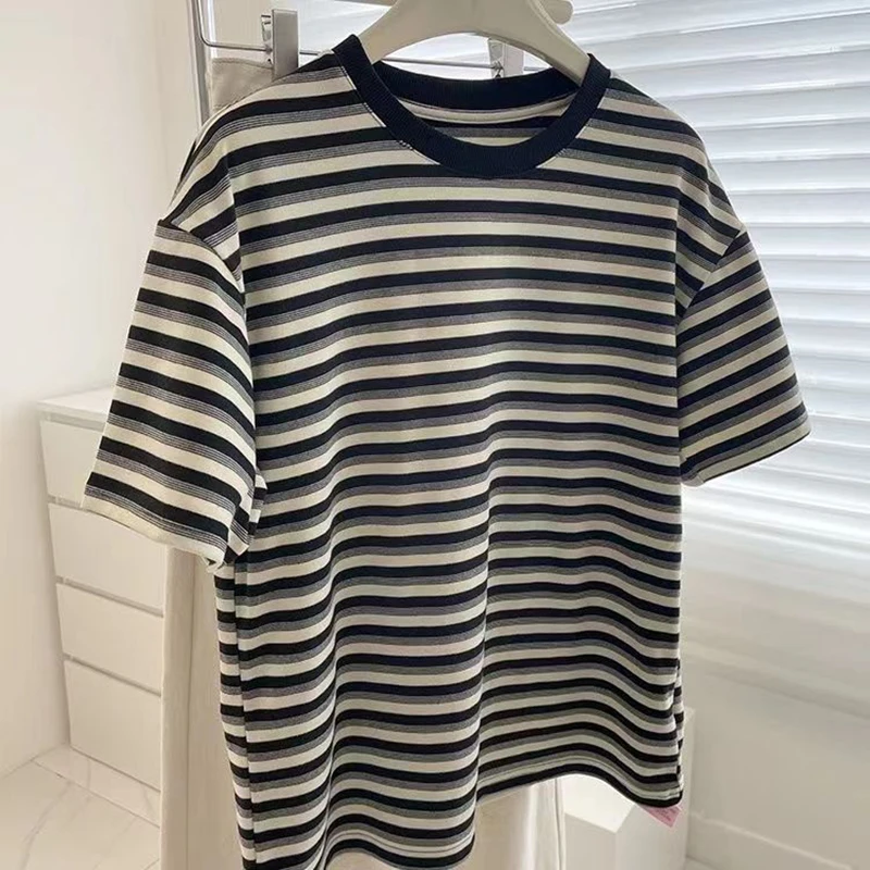 150kg Wear 2xl Summer Loose Green Black Striped Short Sleeve Men Fashion Casual Oversized Tshirt Vintage Clothes Trend Euro Size