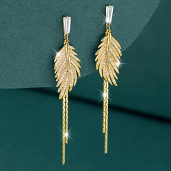 Luxury 14K Real Gold Plated Leaves Tassel Stud Earrings for Women 2022 Trending Cubic Zircon Wedding Jewelry free shipping