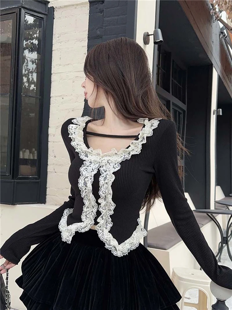 

Sweet Lace Knitted Sweaters Women Ruffles Patchwork Slim Long Sleeve Cropped Pullovers Fall Pleated Hollow Out Bottoming Tops