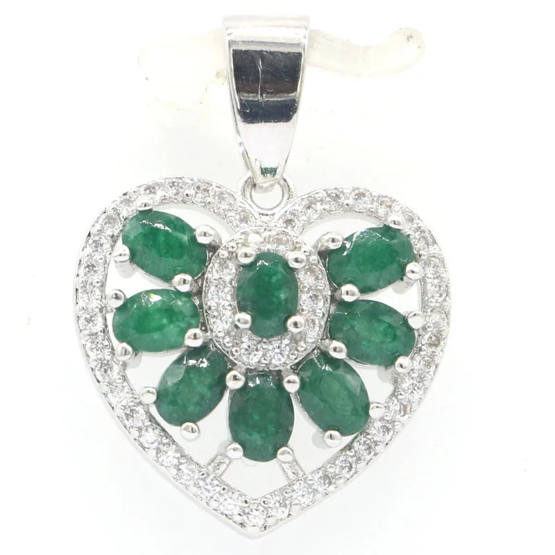 

26x18mm Delicate Fine Cut Heart Real Green Emerald White CZ Woman's Engagement Silver Pendant