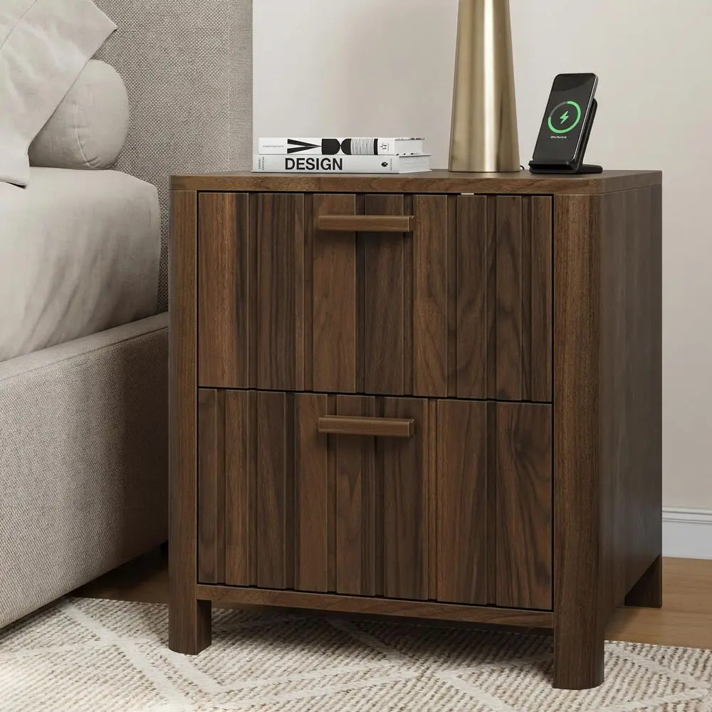 

Mid Century Modern Nightstand with 2 Drawers, Fluted Design Bedside Table with Storage, Walnut Finish Night Stand for Bedroom,
