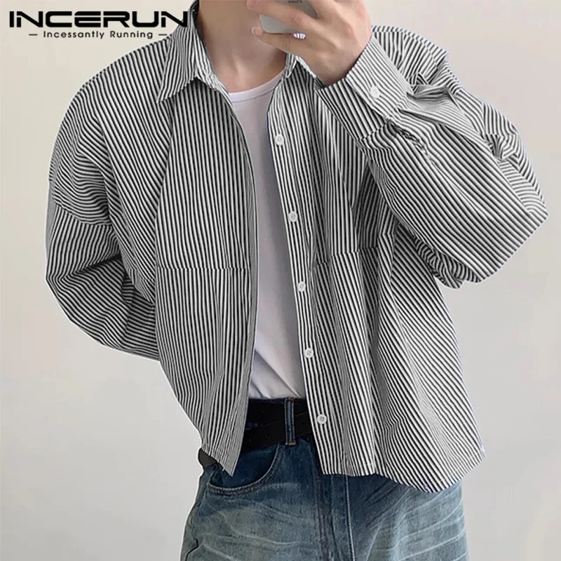 INCERUN Tops 2024 Korean Style Handsome Men\'s Simple Thin Stripe Design Shirts Casual Streetwear Lapel Long Sleeved Blouse S-5XL