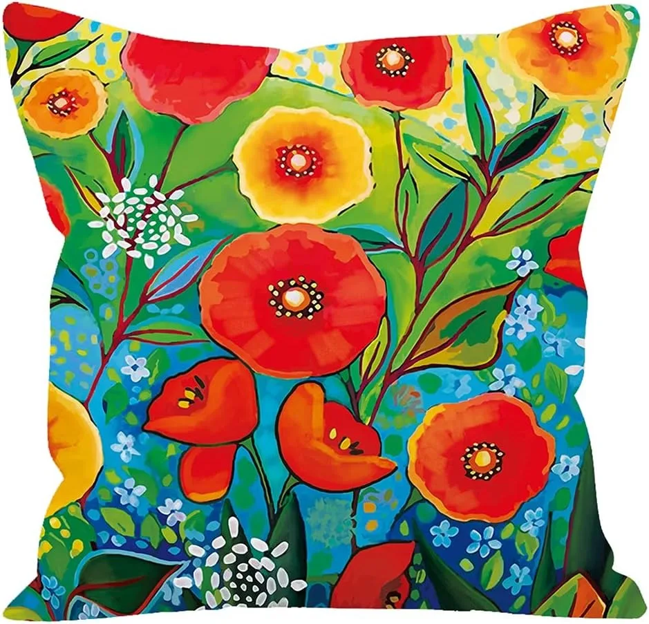 Hand-Painted Red Flower Throw Pillow Covers Farmhouse Outdoor Decor For Home Decor Living Room Sofa Bed Modern Floral