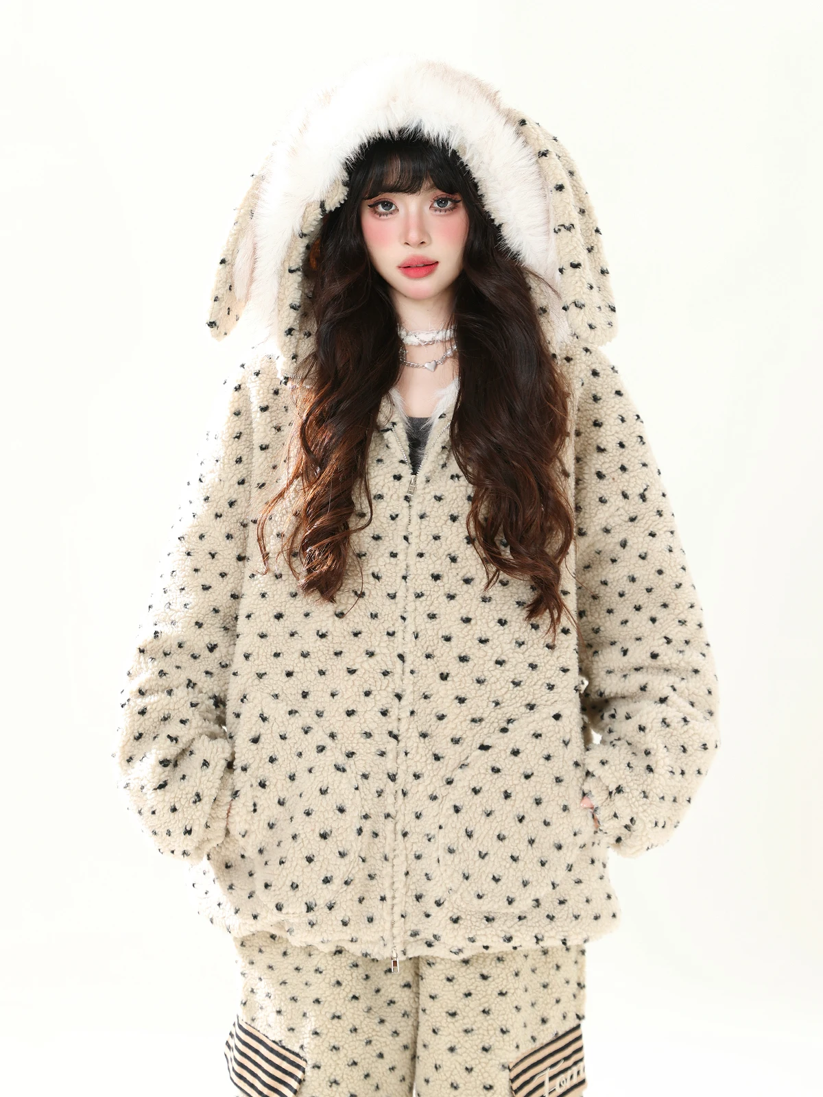 

ENJOG Ретро-куртка с милыми кроличьими ушками из овечьего меха, женское зимнее утепленное хлопковое пальто, свободная теплая хлопковая одежда с длинными рукавами на молнии