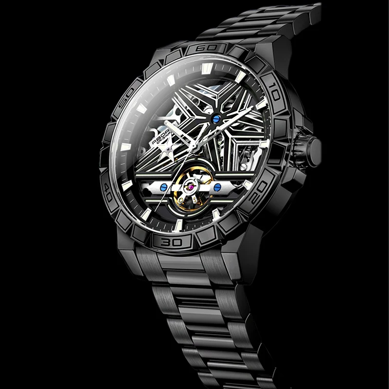 

Black Steel Skeleton Tourbillon Men's Watches Top Luxury Automatic Watch For Men Sporty elegant Mechanical Wristwatch