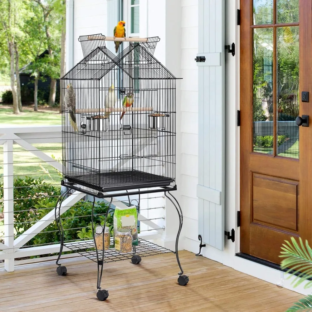 Yaheetech 57-Inch Rolling Open Top Roof Bird Cage for Mid-Sized Parrots Cockatiels Caique Quaker Monk Indian Ring Neck Green