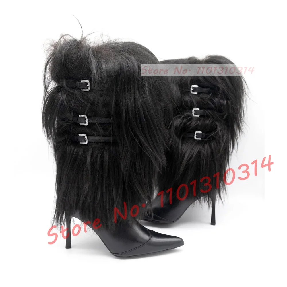 Black Fur Fluffy Mid-calf Boots Women Sexy Fashion Cross Belt Buckle Pointed Toe High Heel Shoes Ladies Big Size Stiletto Boots