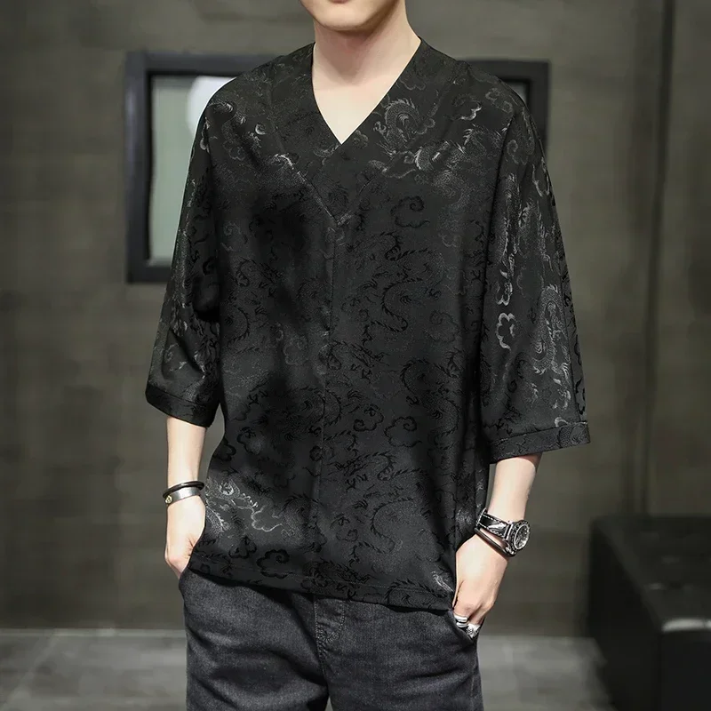 

Fashion Casual Spring Summer Thin Loose Temperament Man Simplicity Shirts Handsome Men's Clothing Short Sleeve Button V-neck