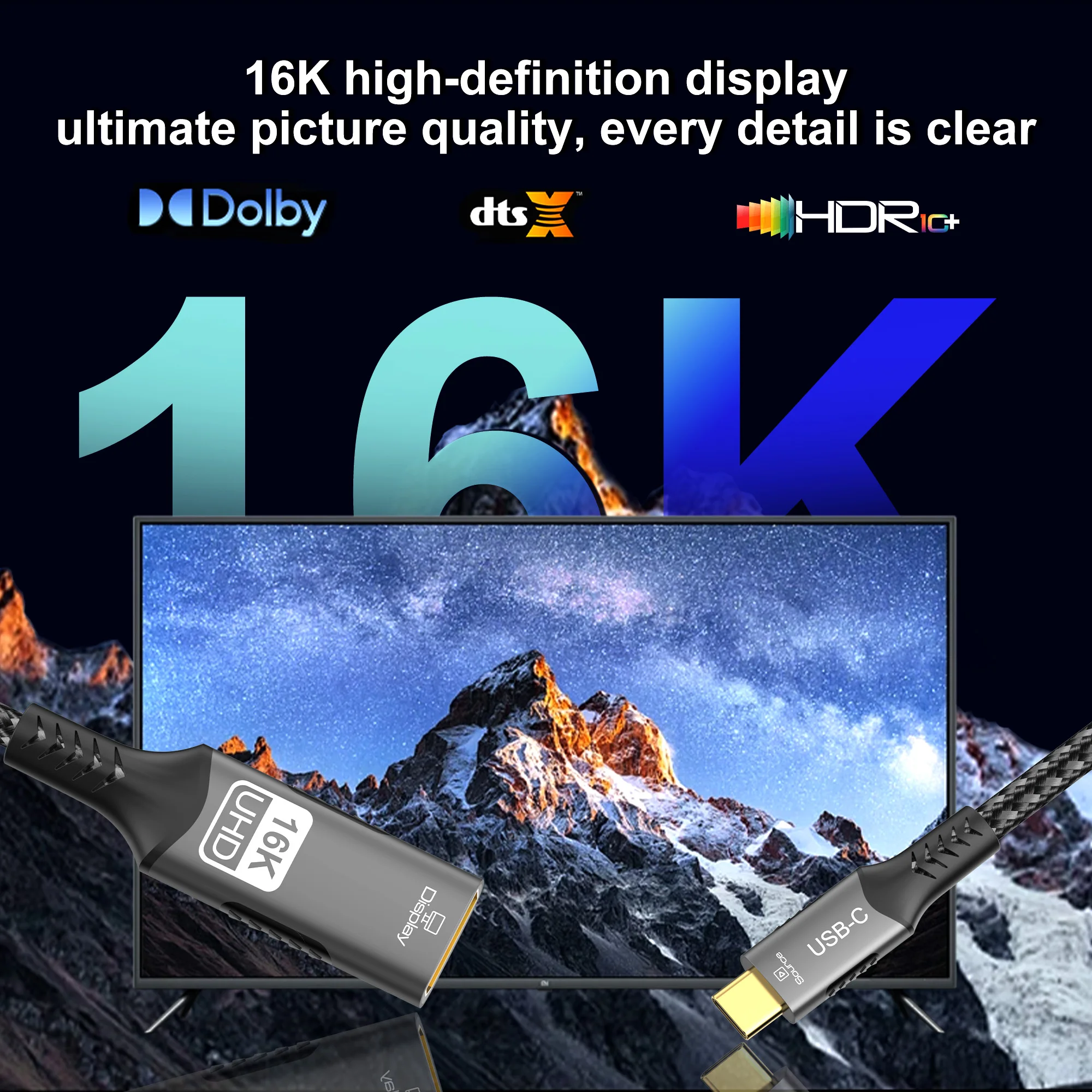 كابل 16K من النوع C إلى DisplayPort 8K@60 هرتز 4K@120 هرتز 2K@240 هرتز USBC إلى DP 2.1 Thunderbolt 4/3 محول لشاشة الألعاب والكمبيوتر المحمول والتلفزيون