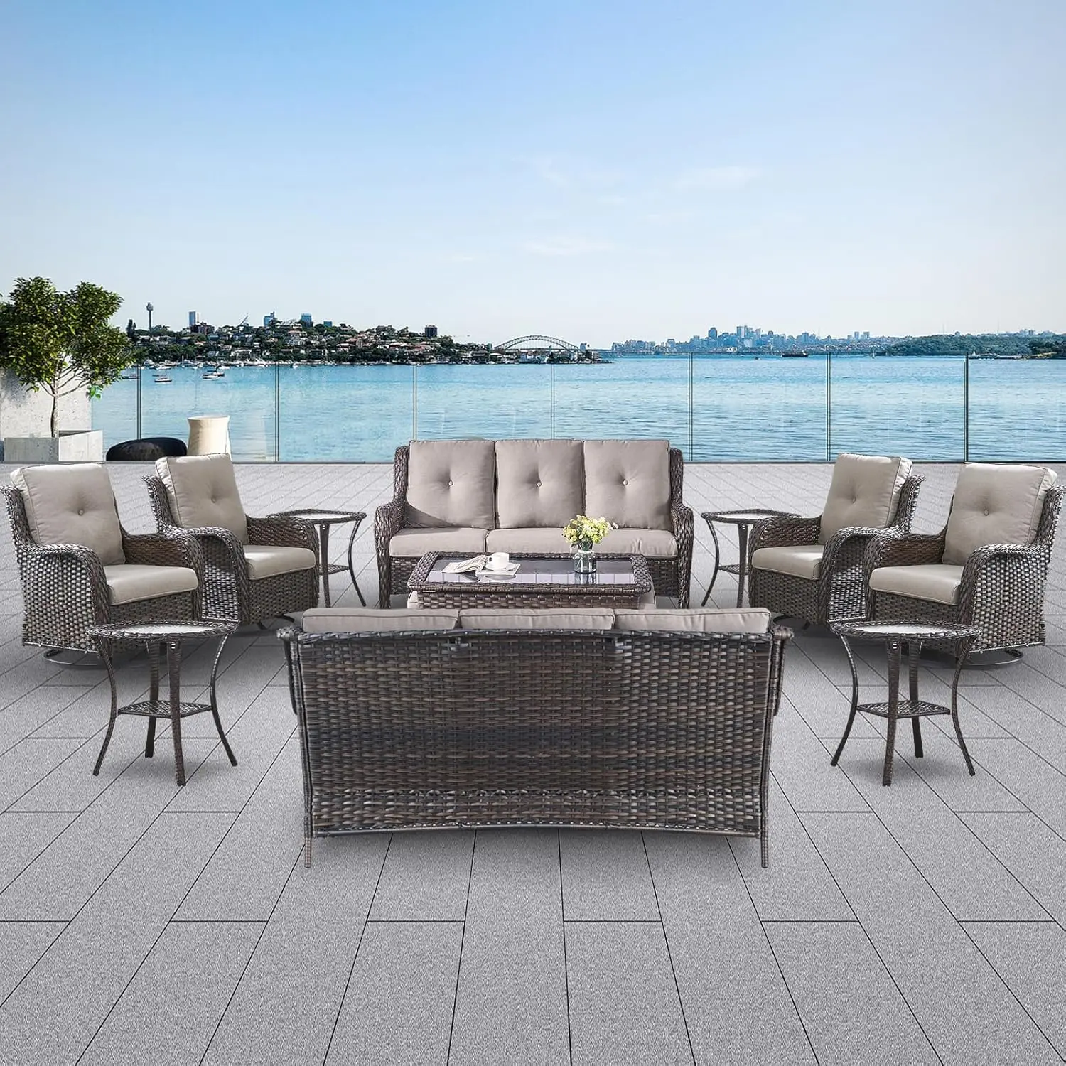 13 Piece Outdoor Rattan Furniture Sets w/ 4 Swivel Rocker Chairs, 2 Rattan Sofas, Wicker Ottomans & Coffee Table, Brown/Grey