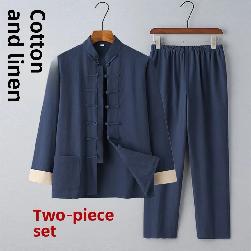 

Men's Chinese Sle Vintage Cotton Linen Long Sve Zen Spring Outerwear T Suit Monastic Wear Casual Knitted Garment
