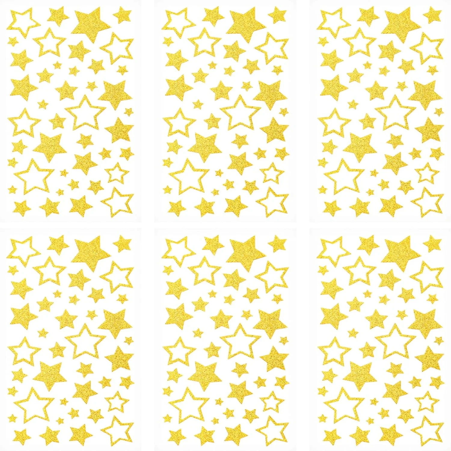 

6 Sheets Gold Star Stickers Glitter Assorted Self-Adhesive Stickers for Window Scrapbook Cards DIY Reward Labels for Classroom