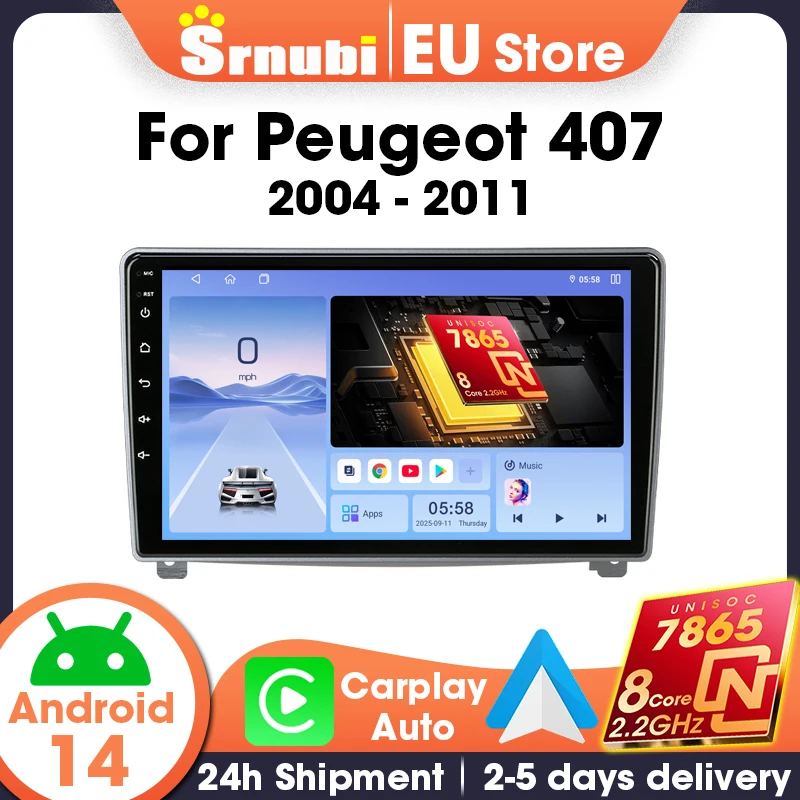 Srnubi 9 inch Car Radio Wireless Carplay Android Auto GPS Navigation Multimedia Video Player for Peugeot 407 2004-2011, Stereo Head Unit with DSP 4G WIFI, 8-Core Support SWC Accessories