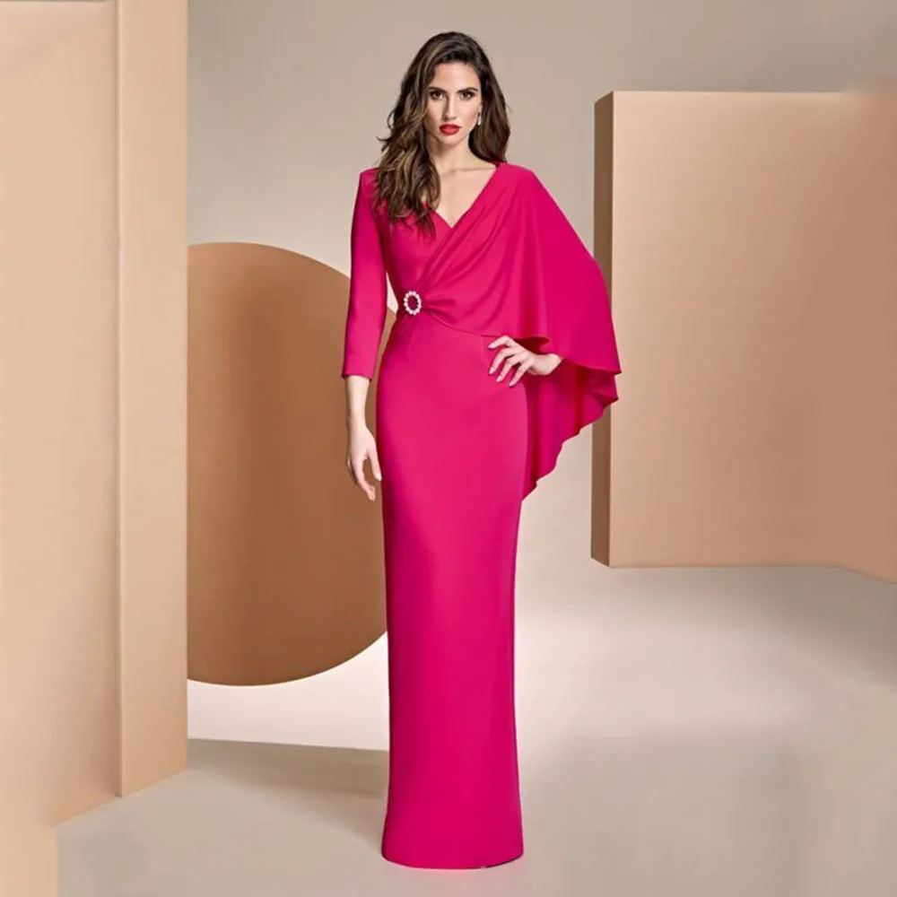 

Elegant Mother of the Bride Dress For Wedding V Neck Floor Length Mermaid Wedding Guest Gown 3/4 Sleeves Room Dress