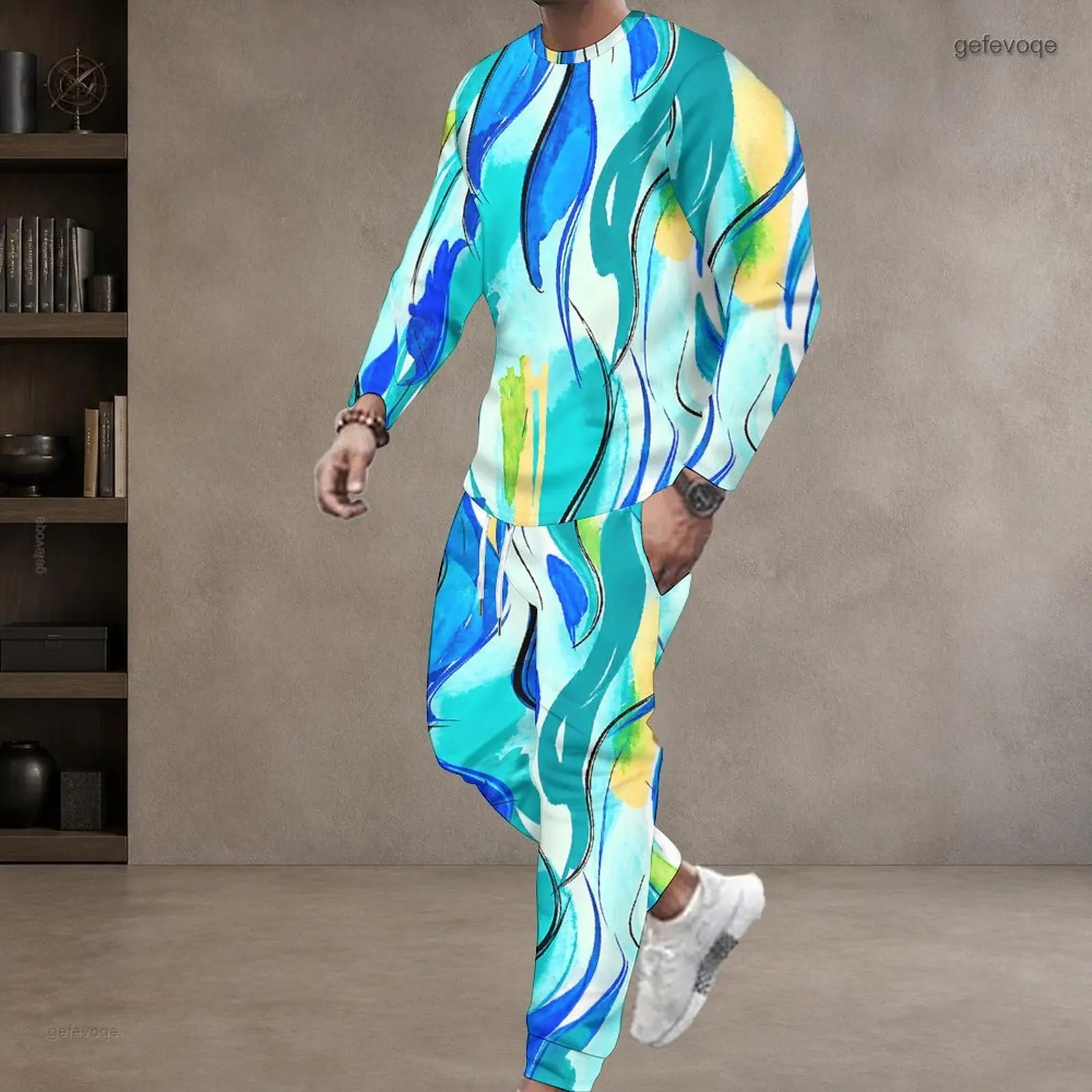 Men Abstract Watercolor Swirl Printed Round Neck Long Sleeve Top And Cuffed Pants Two Piece Set