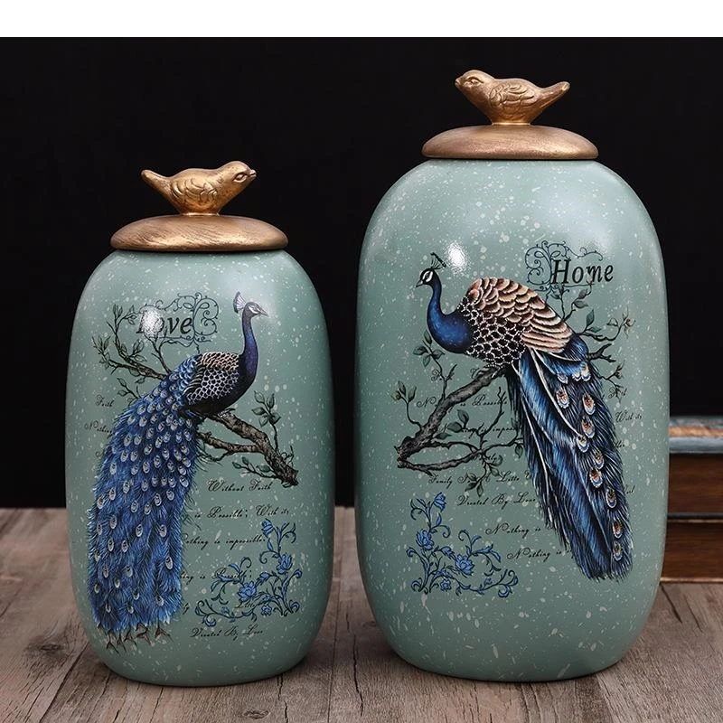 Peacock Pattern Ceramic Storage Jar Coffee Bean Tea Candy Sealed with Lid Desktop Bookcase Furnishings Home Decor