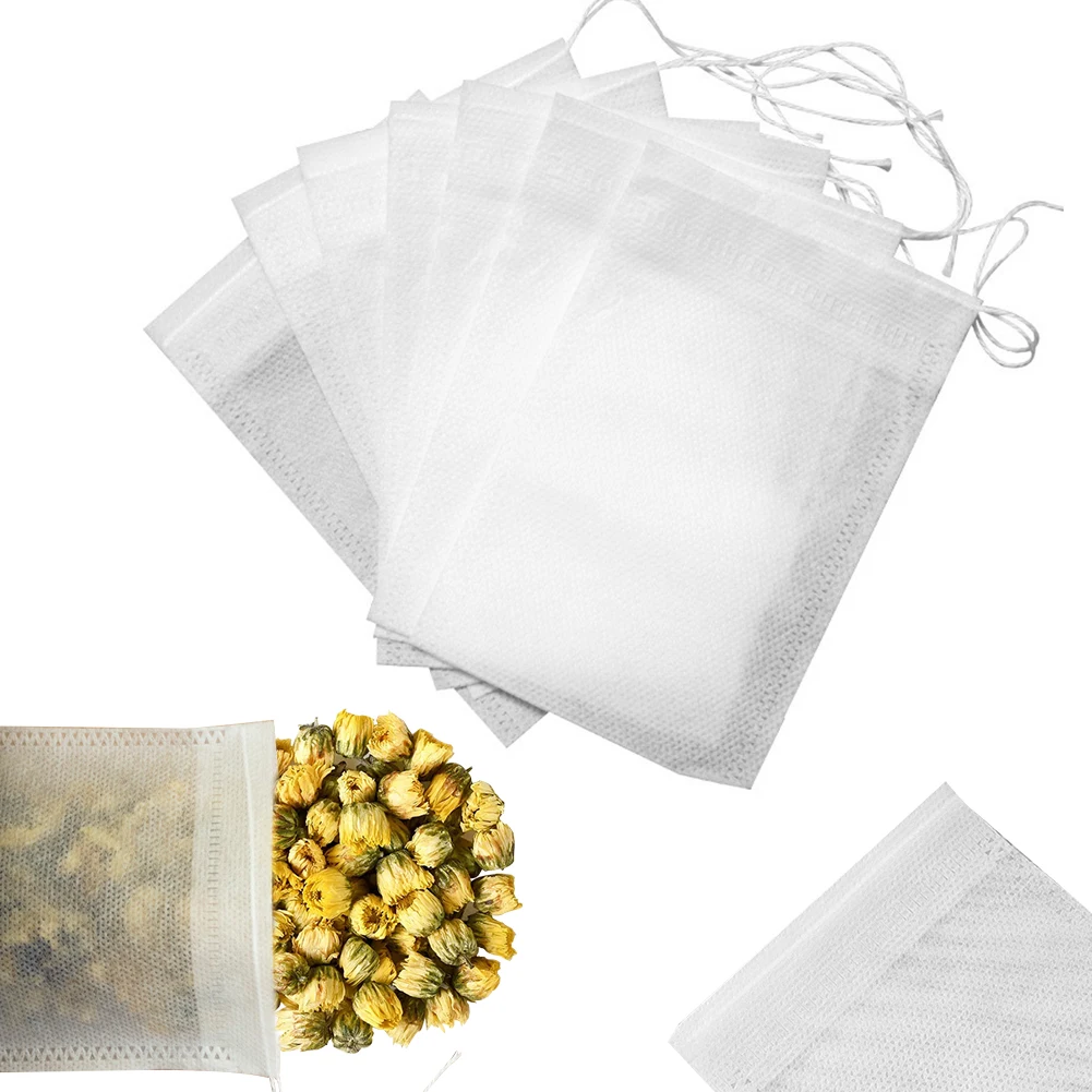 

Disposable Tea Bags 100 Pcs Non-woven Fabric Tea Infuser Bags with Drawstring Tea Filter Bag Herbs Spice Pack for Kitchen White