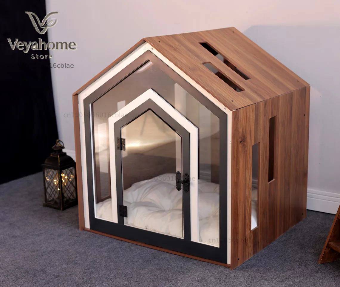 Junji wooden dog box with custom bed pet house bed with acrylic door modern dog house wooden pet furniture kennel