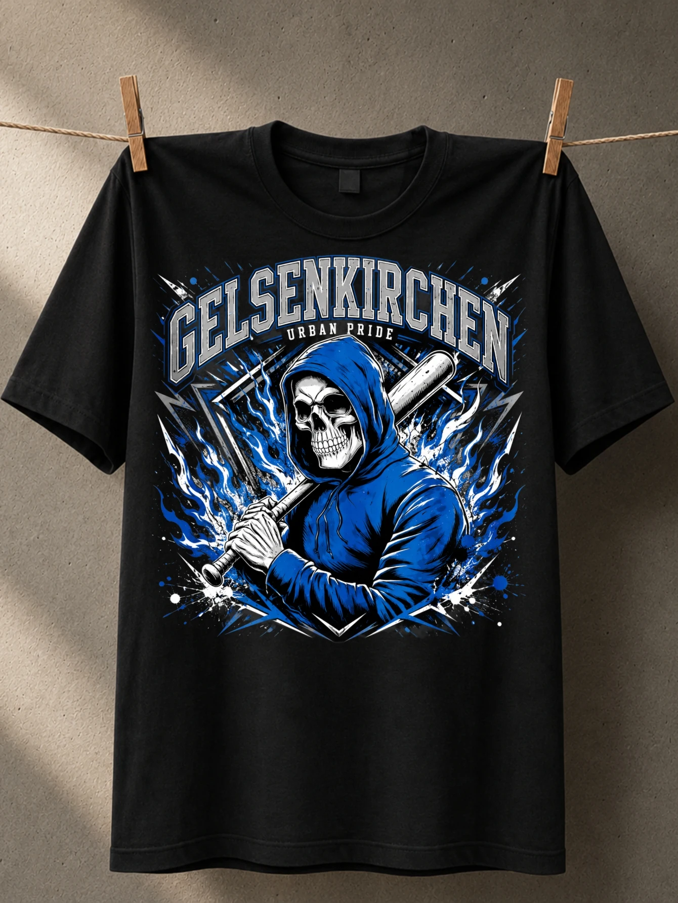GELSENKIRCHEN URBAN PRIDE  with blue hood bat blue flames splatter lines and bold city pride  Unisex All T-Shirt