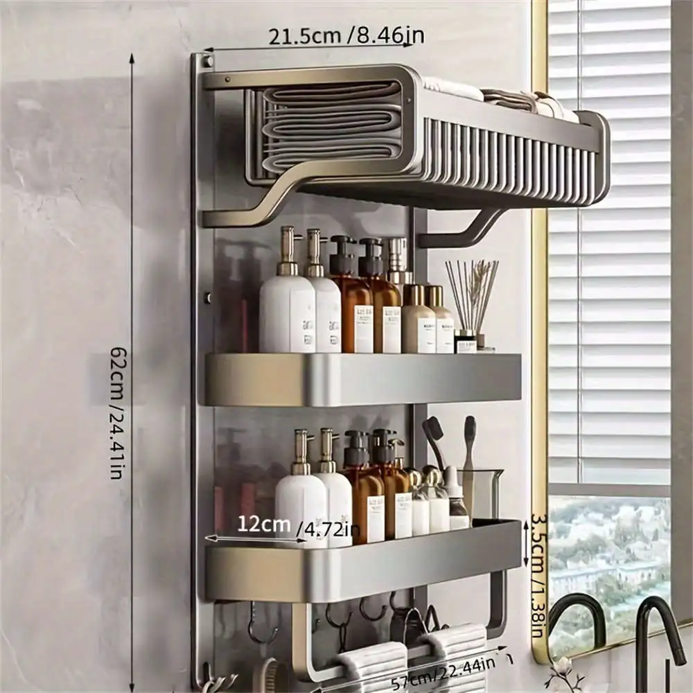 1 Piece 3-Layer Bathroom Space Towel Rack With Shampoo Bottle Mouthwash Cup 3-Layer Rack Bathroom Pole With Hook