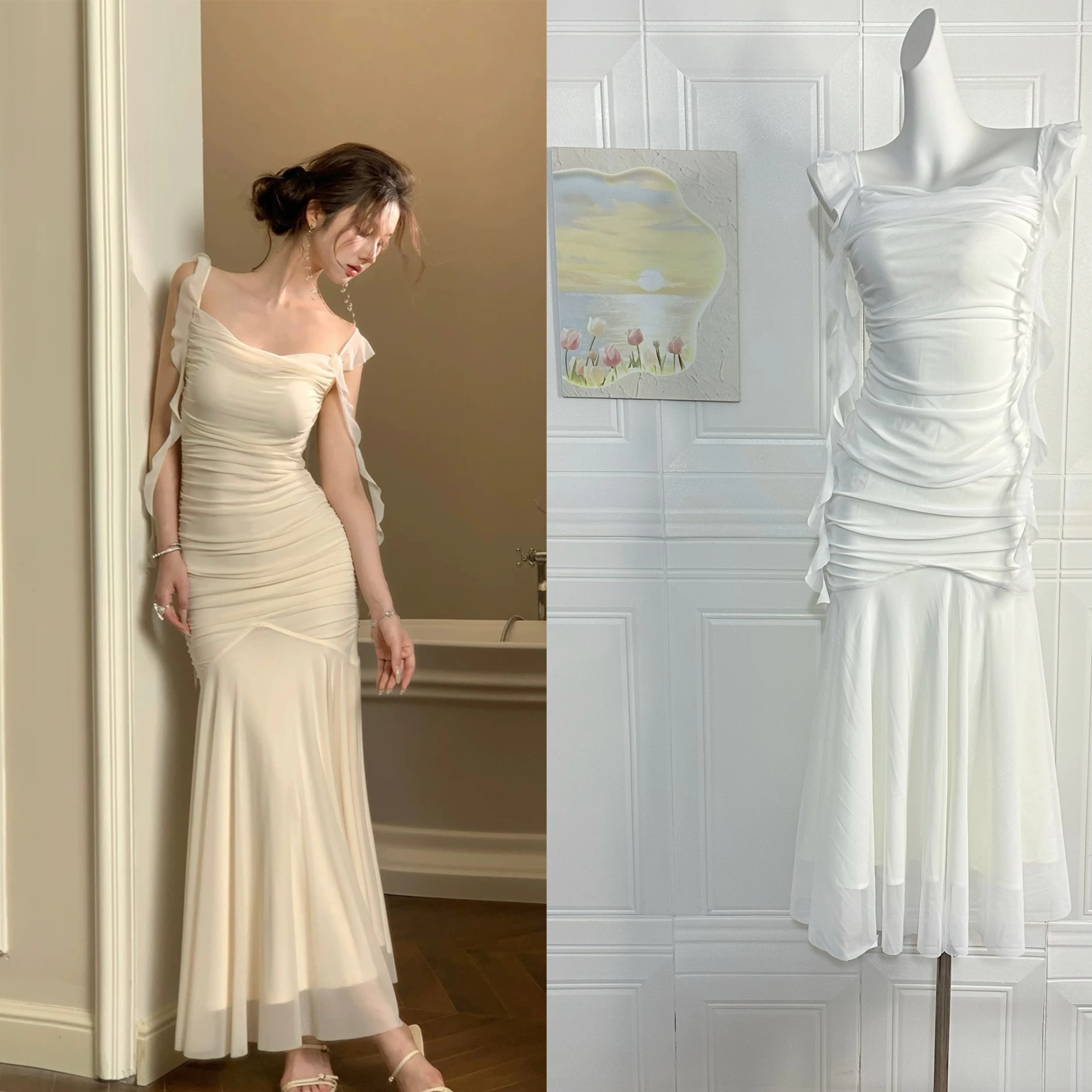 المرأة عالية الخصر مطوي سليم صالح الدانتيل السباغيتي فستان بحزام مثير Bodycon أكمام حورية البحر فساتين شبكية مساء ملابس للحفلات #2