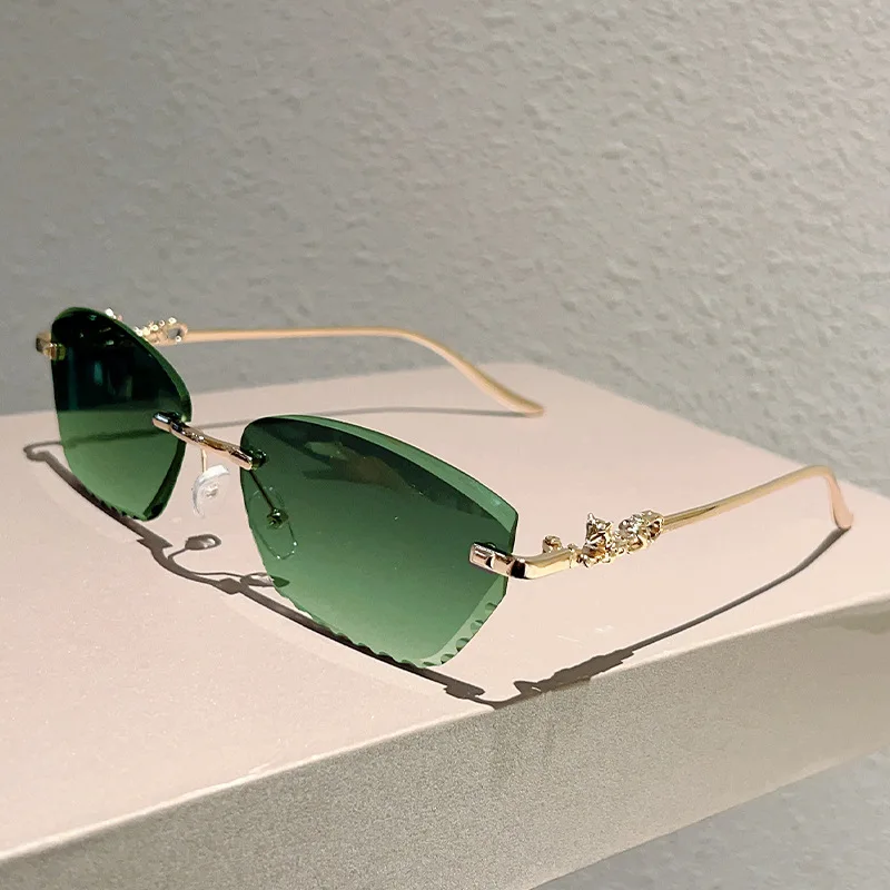 Neue y2k Randlose Leopard Kopf Sonnenbrille Frauen Für Männer Vintage Sonnenbrille Punk Luxus Marke Designer Diamant Schneiden Brillen