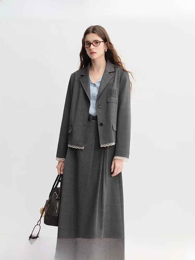 

Костюмный комплект Salt Series: модный женский костюм больших размеров, осенняя новинка, элегантная блузка и юбка, юбка А-силуэта с высокой талией