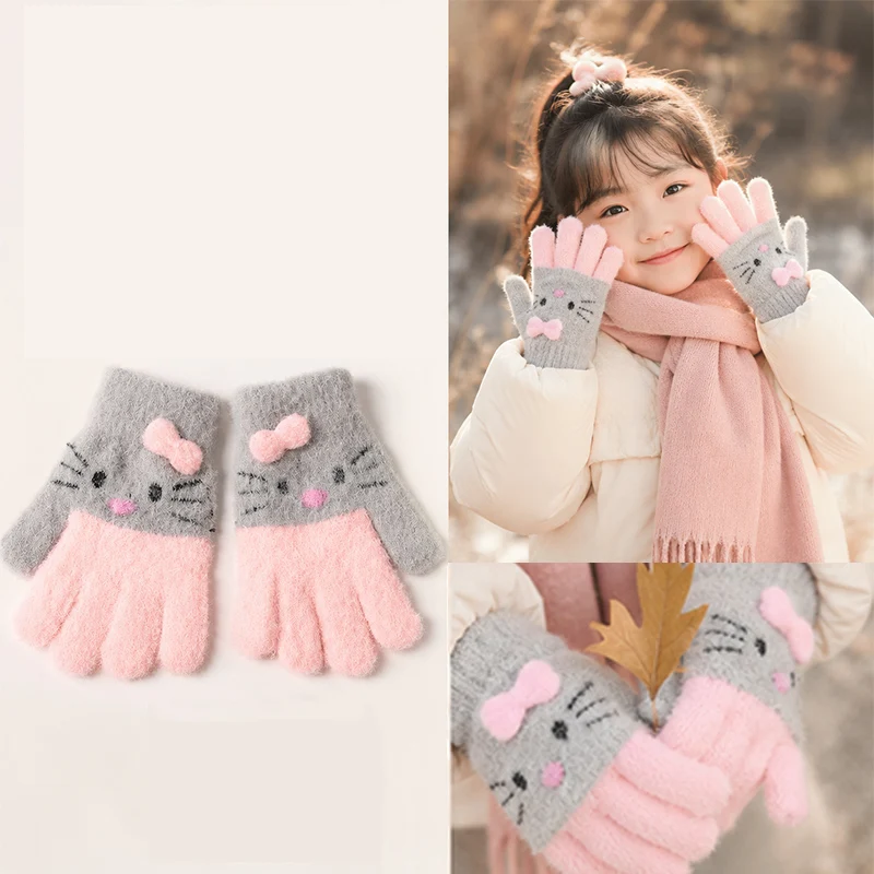 Cute Cartoon Cat Gloves for Girls Aged 6-12, Winter Fleece-Lined Warm Five-Finger Knitted Gloves for Children, Suitable for Playing in the Snow