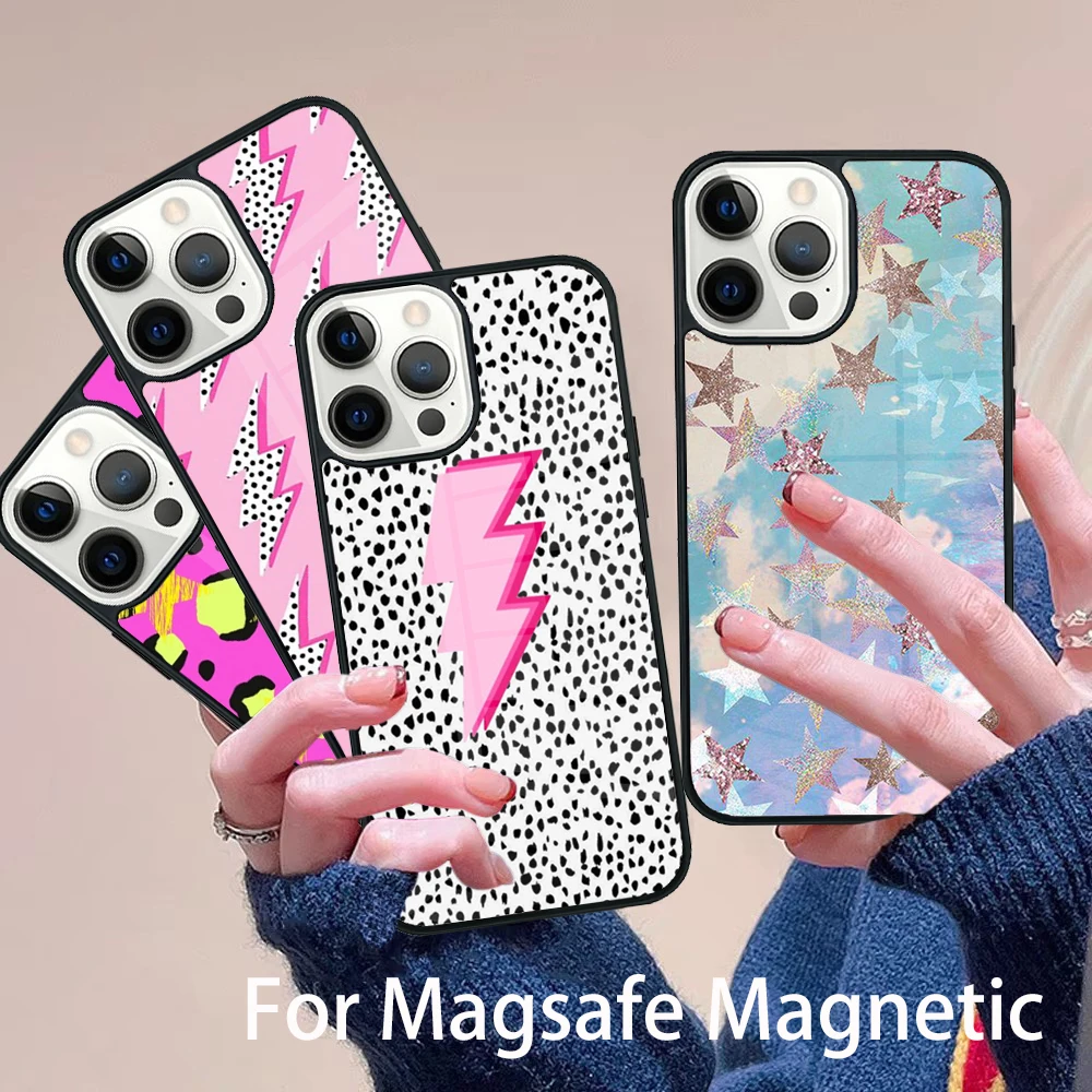 

Pink Blue leopard Dalmatian Spots stars Phone Case Magesafe Magnetic Wireless Cover For IPhone 16 11 12 13 14 15 Pro Max Plus