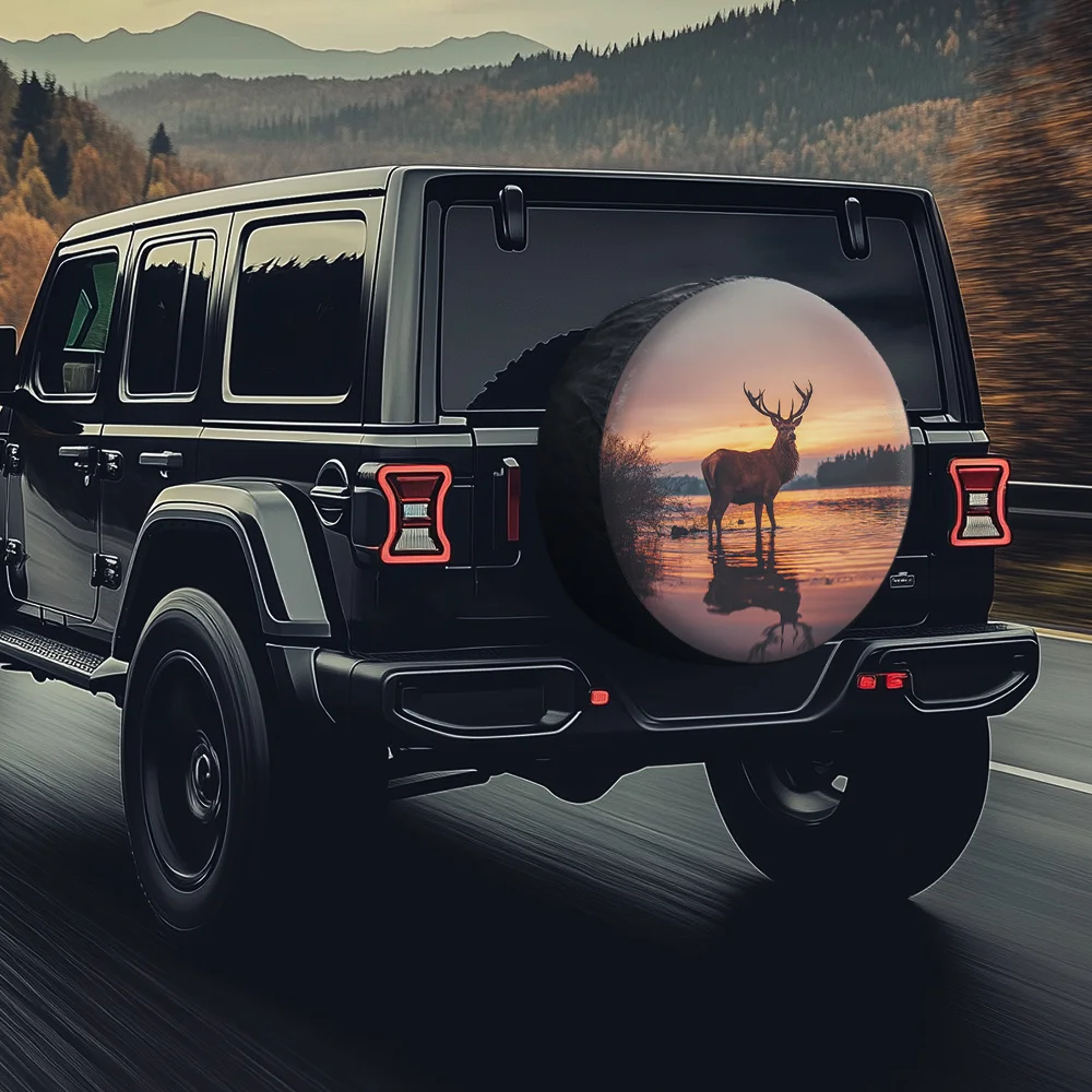 Sunset Deer Silhouette Tire Cover - Realistic Photography Design, Fit For Cars, SUVs, And Trucks, Enhances Vehicle Aesthetics Wi